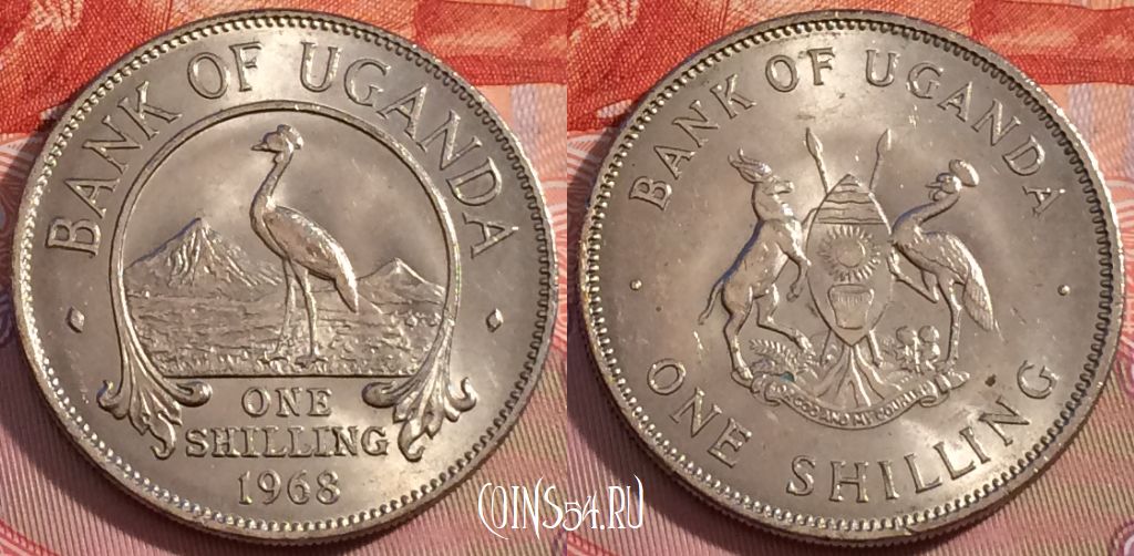 Монета Уганда 1 шиллинг 1968 года, KM# 5, 275-043