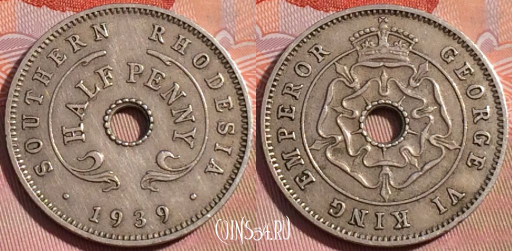 Монета Южная Родезия 1/2 пенни 1939 года, KM# 14, 275-136