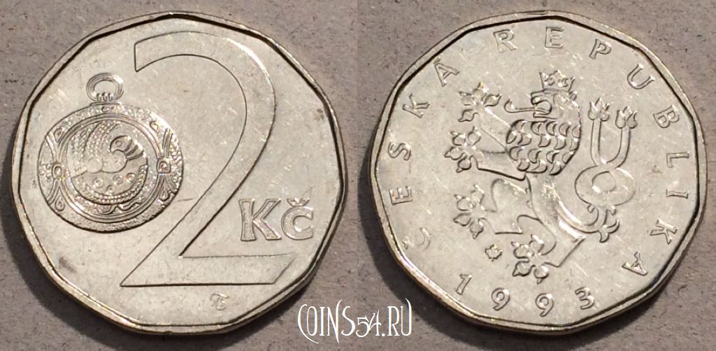Монета Чехия 2 кроны 1993 года, KM# 9, 107-137