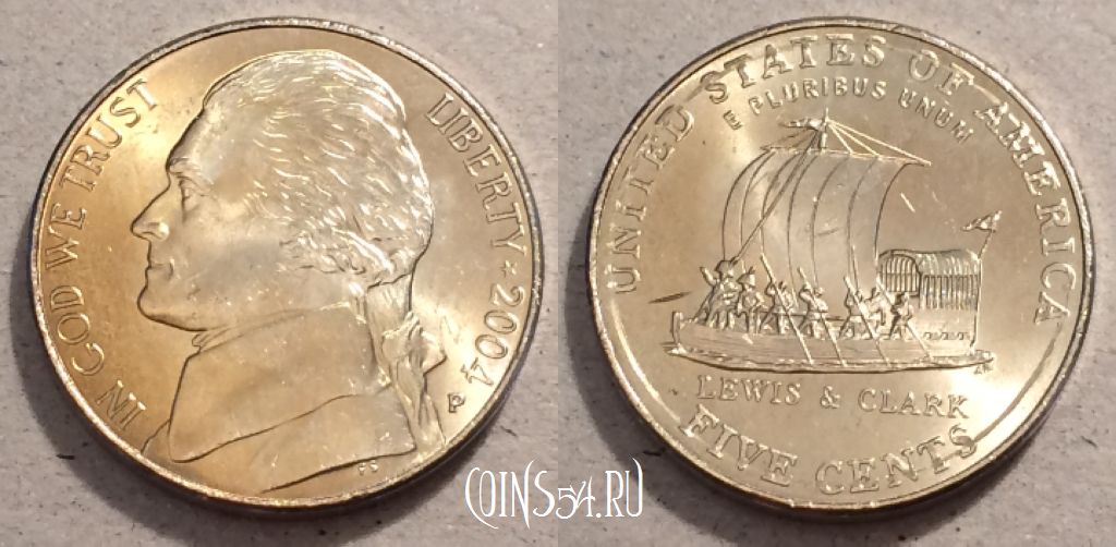 Монета США 5 центов 2004 года, KM# 361, UNC, 108-078