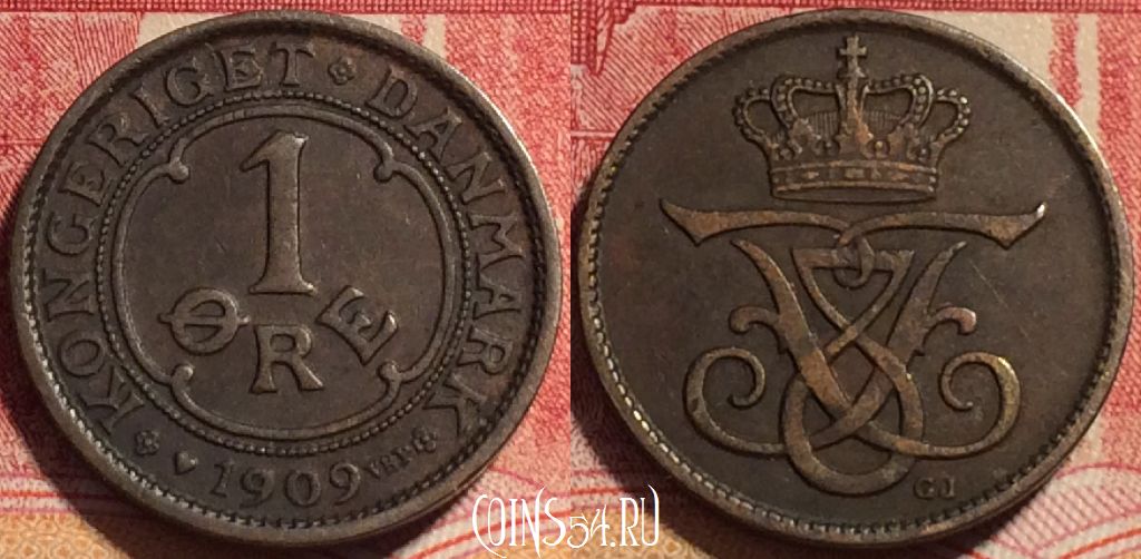 Монета Дания 1 эре 1909 года, KM# 804, 200-093