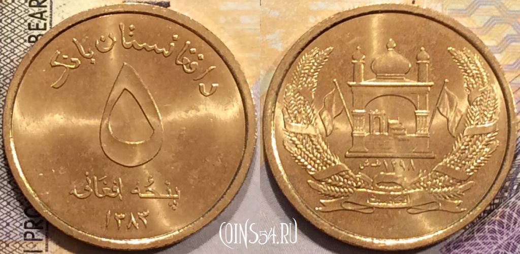 Монета Афганистан 5 афгани 2004 года (۱۳۸۳), KM# 1046, UNC, 155-007