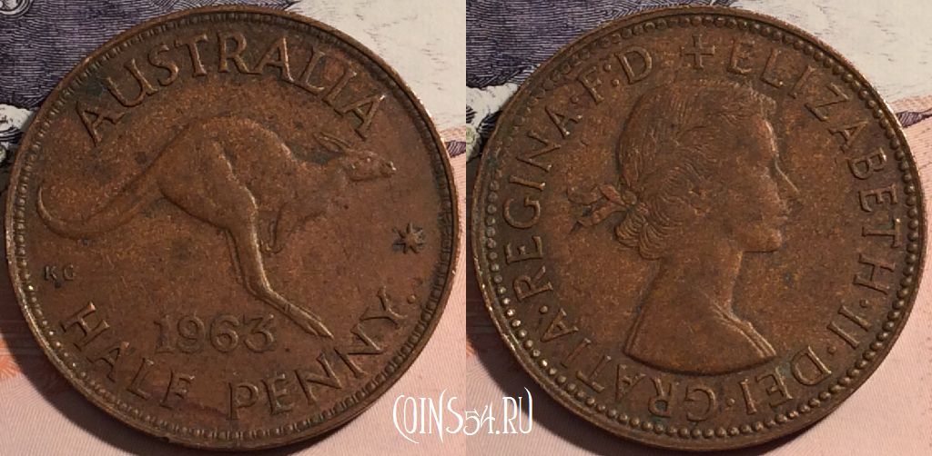 Монета Австралия 1/2 пенни 1963 года, KM# 61, a141-037