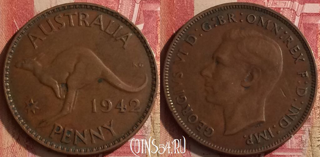 Монета Австралия 1 пенни 1942 года, KM# 36, 455o-018