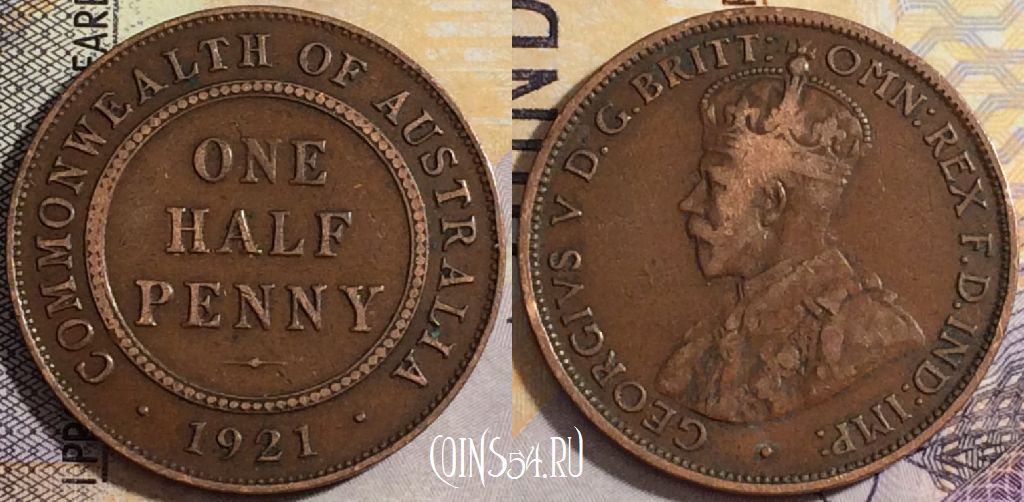 Монета Австралия 1/2 пенни 1921 года, KM# 22, 159-126