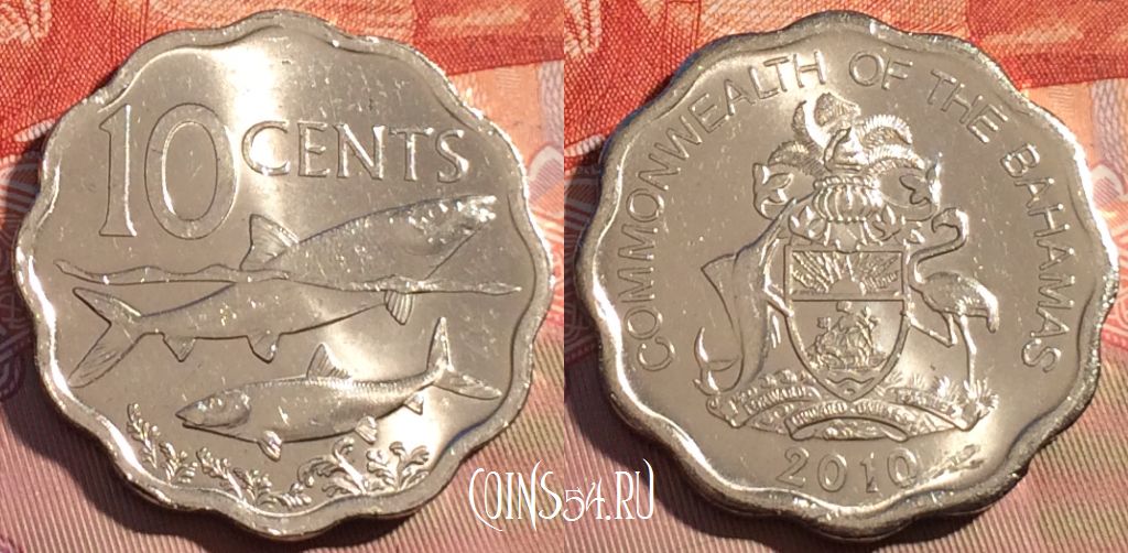 Монета Багамы 10 центов 2010 года, KM# 219, 085c-025