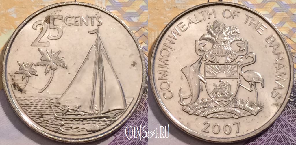 Монета Багамы 25 центов 2007 года, KM# 220, 199-018