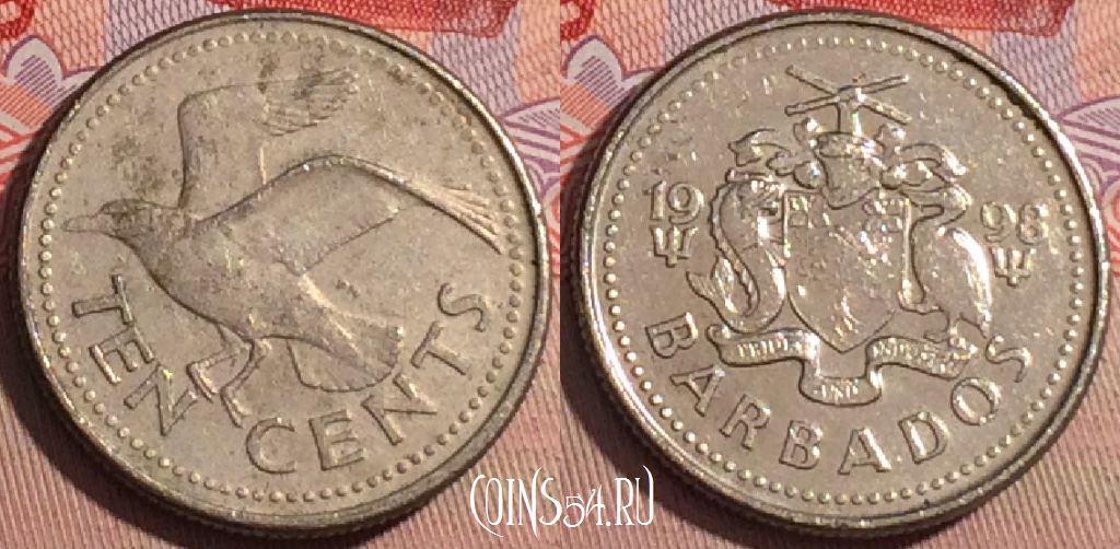 Монета Барбадос 10 центов 1998 года, KM# 12, 217a-025