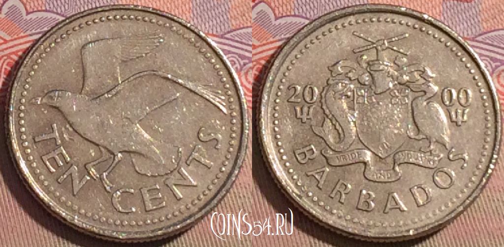 Монета Барбадос 10 центов 2000 года, KM# 12, 217a-089