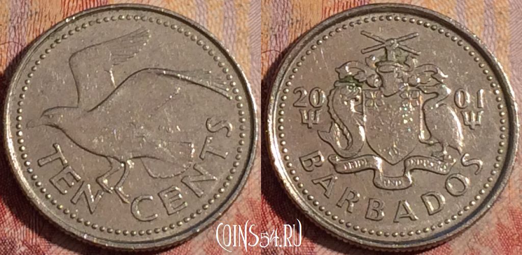 Монета Барбадос 10 центов 2001 года, KM# 12, 168a-078