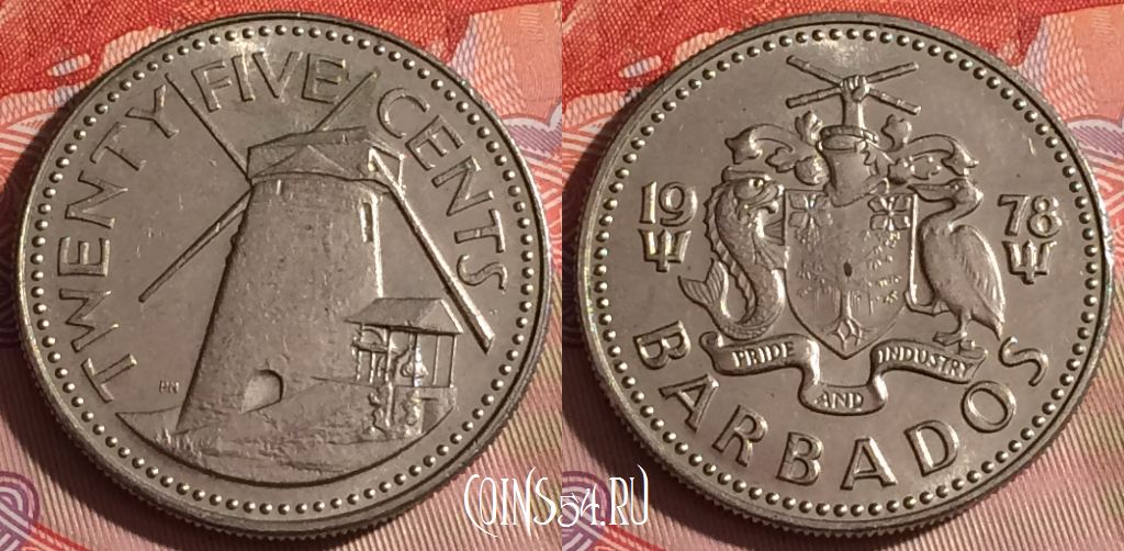 Монета Барбадос 25 центов 1978 года, KM# 13, 339-065