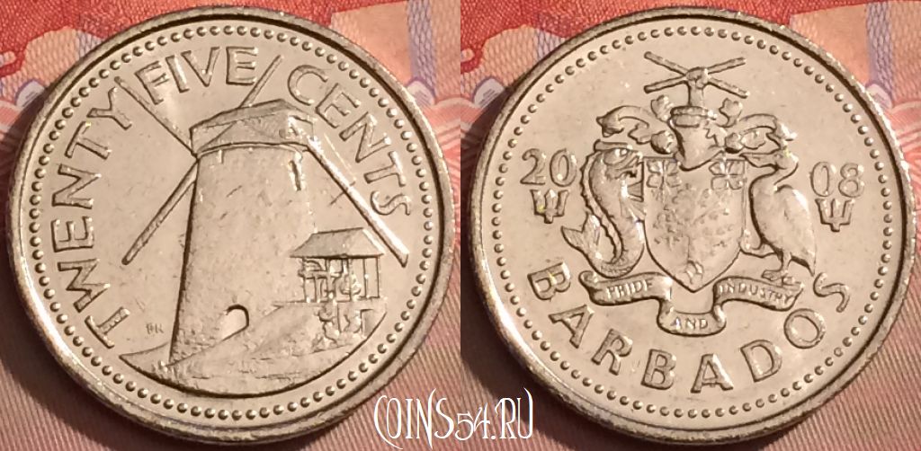 Монета Барбадос 25 центов 2008 года, KM# 13a, 092l-141