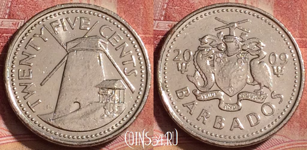 Монета Барбадос 25 центов 2009 года, KM# 13a, 330k-111