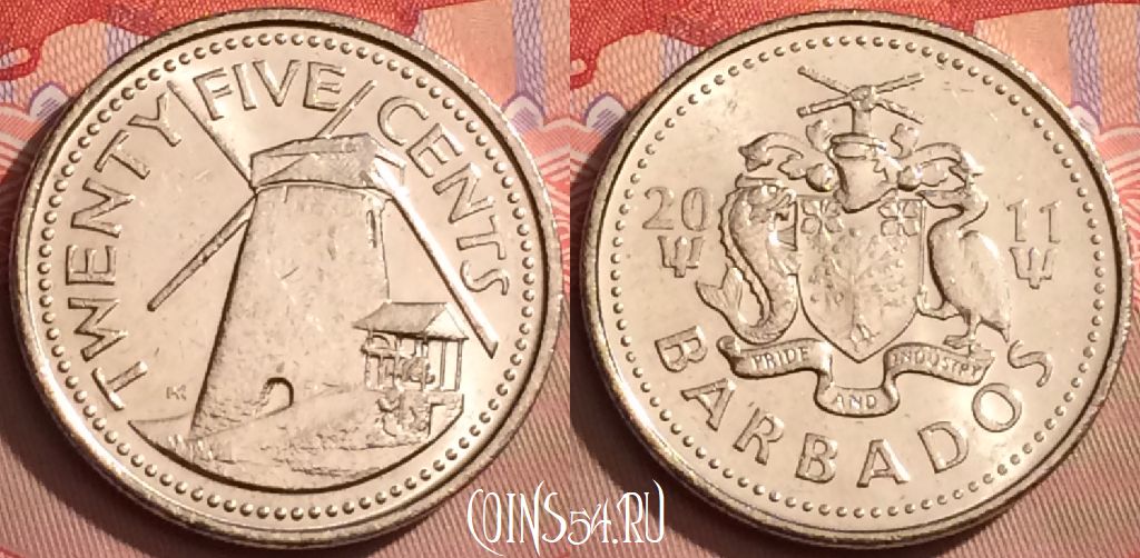 Монета Барбадос 25 центов 2011 года, KM# 13a, 081l-126