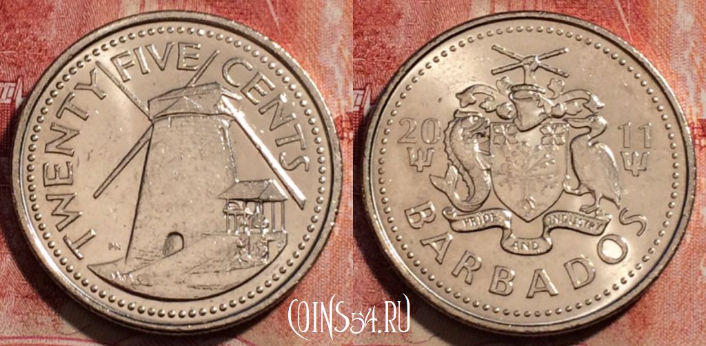 Монета Барбадос 25 центов 2011 года, KM# 13a, 231-102