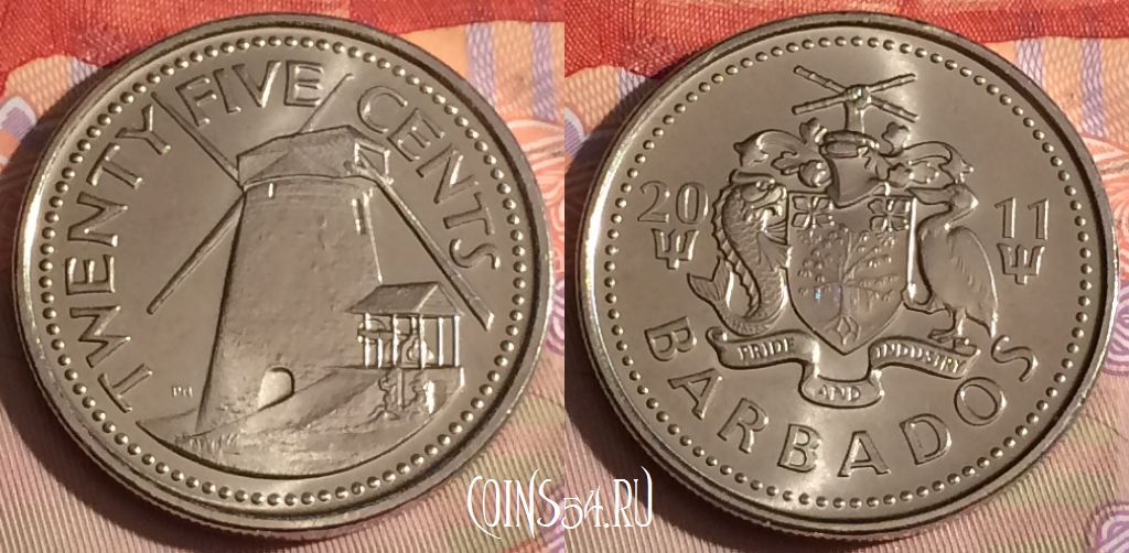 Монета Барбадос 25 центов 2011 года, KM# 13a, 294c-085
