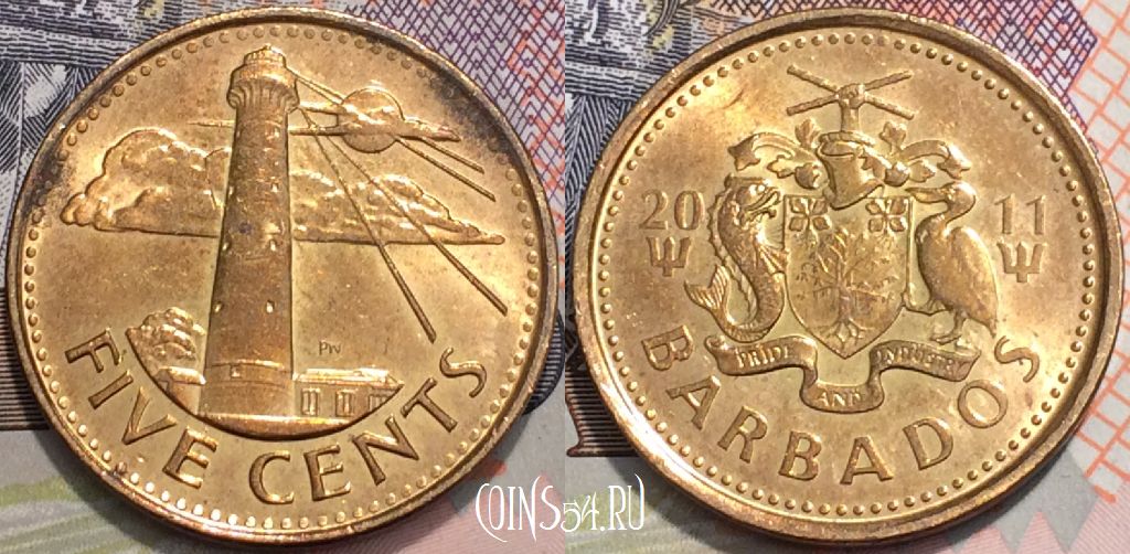 Монета Барбадос 5 центов 2011 года, KM 11a, 120-114
