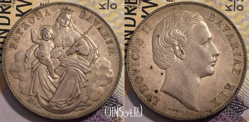 Монета Бавария 1 талер 1865 года, без даты, Ag, KM# 877, 233-048
