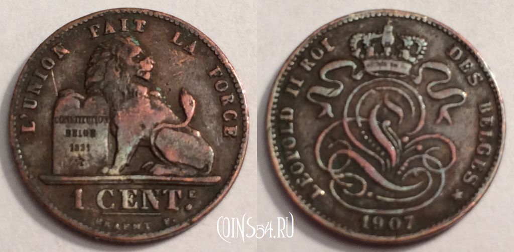 Монета Бельгия 1 сантим 1907 года, KM# 33, 68-030a