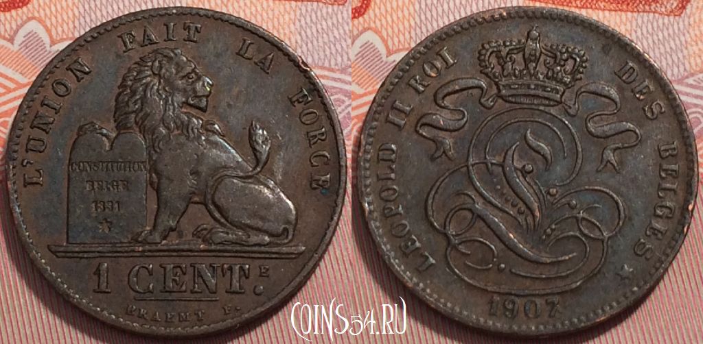 Монета Бельгия 1 сантим 1907 года DES BELGES, KM# 33, 248-140