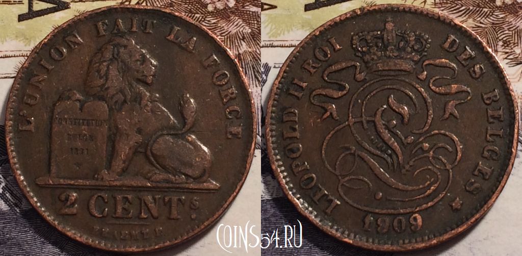 Монета Бельгия 2 сантима 1909 года,  KM# 35, 238-058