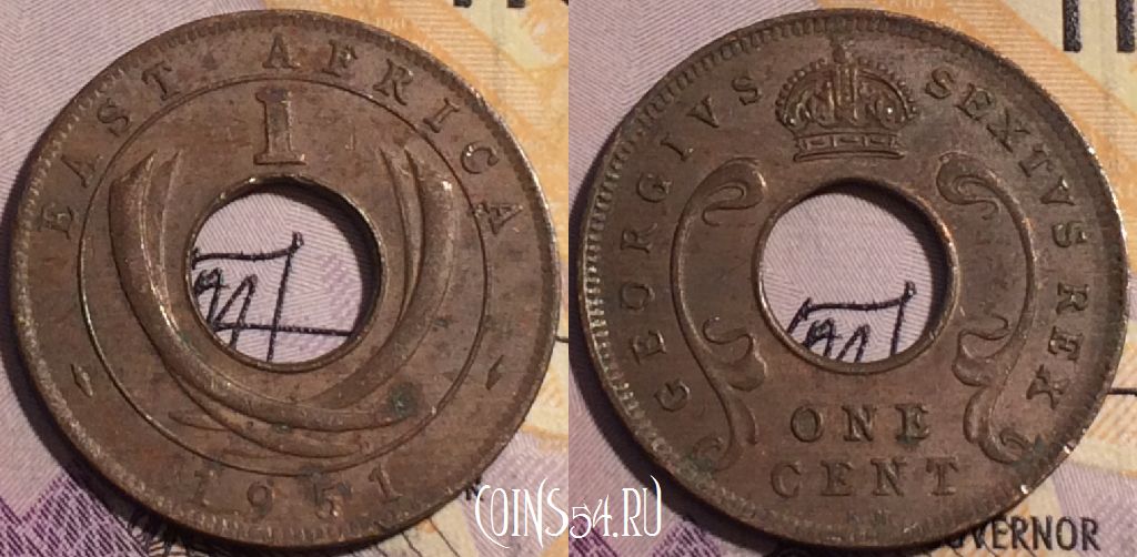 Монета Британская Восточная Африка 1 цент 1951 года KN, KM# 32, 190a-036