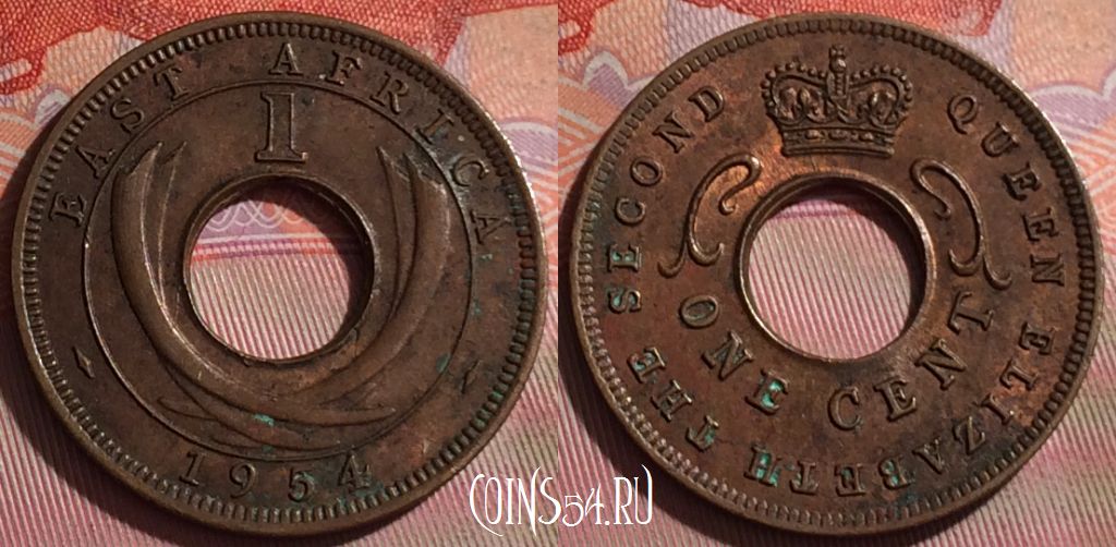 Монета Британская Восточная Африка 1 цент 1954 года, KM# 35, 105f-128