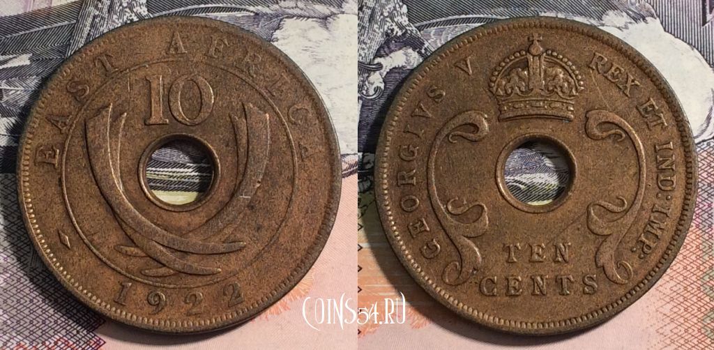 Монета Британская Восточная Африка 10 центов 1922 года, KM# 19, 165-003