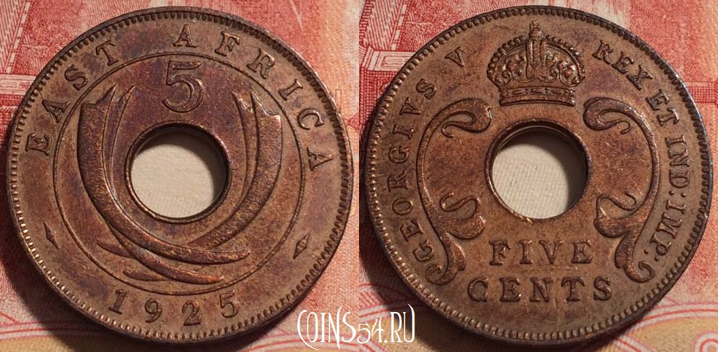 Монета Британская Восточная Африка 5 центов 1925 года, KM# 18, a059-137