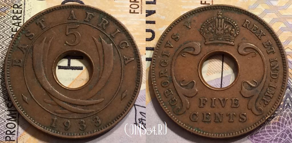 Монета Британская Восточная Африка 5 центов 1933 года, KM# 18, 152-007