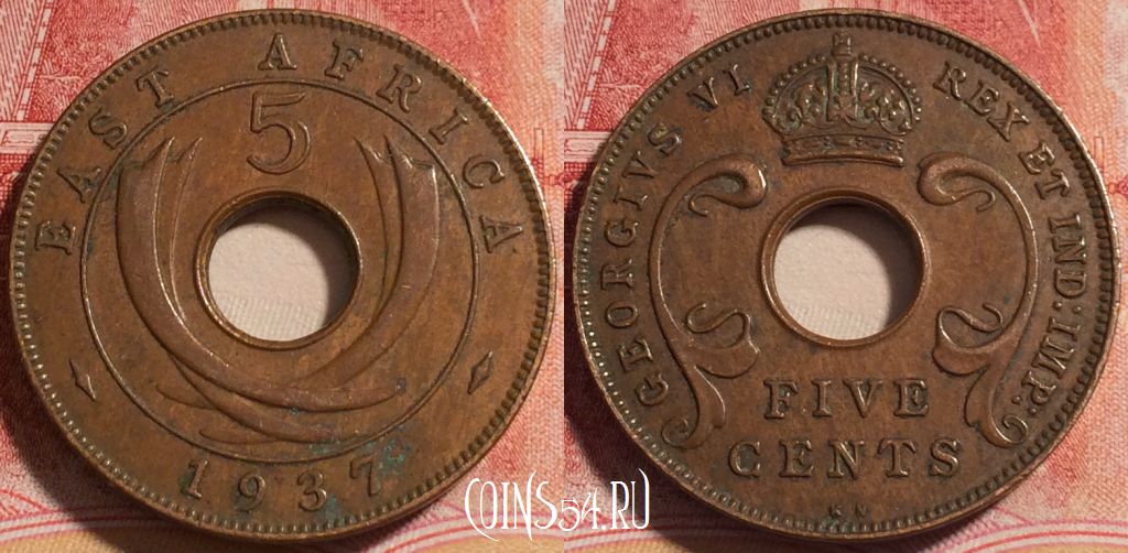 Монета Британская Восточная Африка 5 центов 1937 года, KM# 25, 256-028