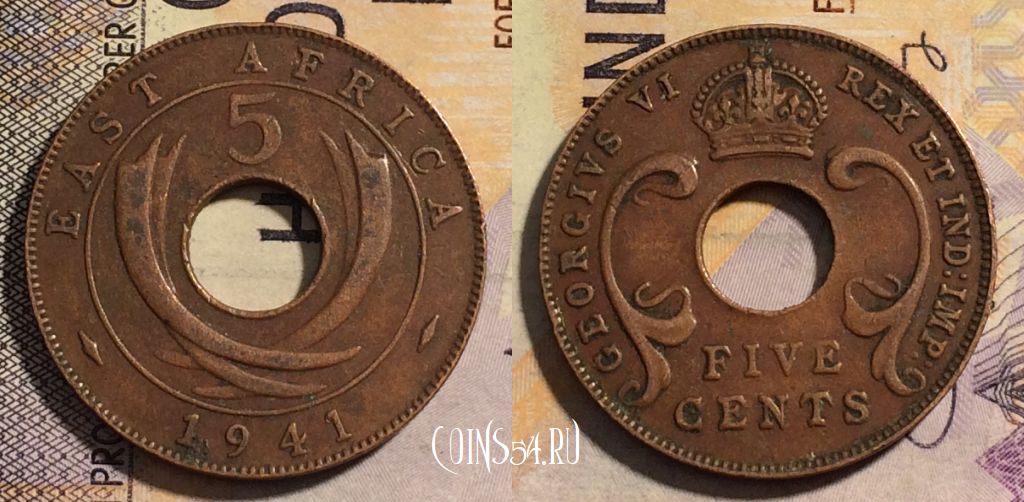 Монета Британская Восточная Африка 5 центов 1941 года, KM# 25, 162-049