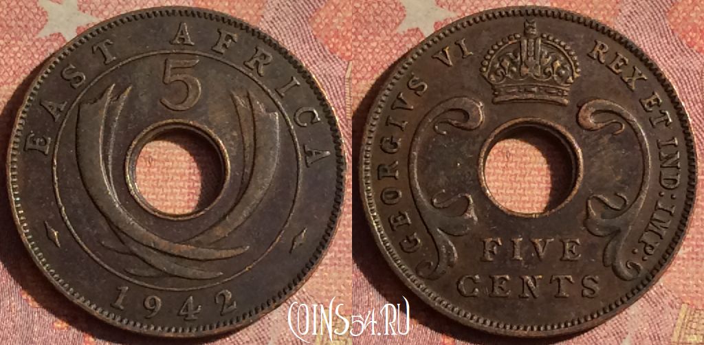 Монета Британская Восточная Африка 5 центов 1942 года, KM# 25, 189i-118