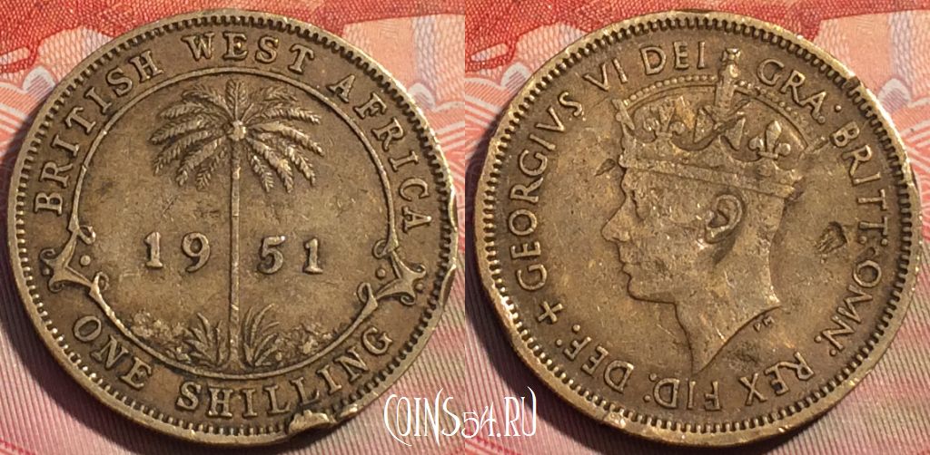 Монета Британская Западная Африка 1 шиллинг 1951 года H, KM# 28, 271a-122