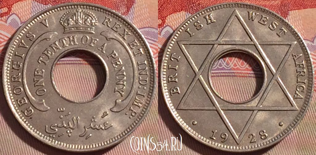 Монета Британская Западная Африка 1/10 пенни 1928 года, KM# 7, 088b-015