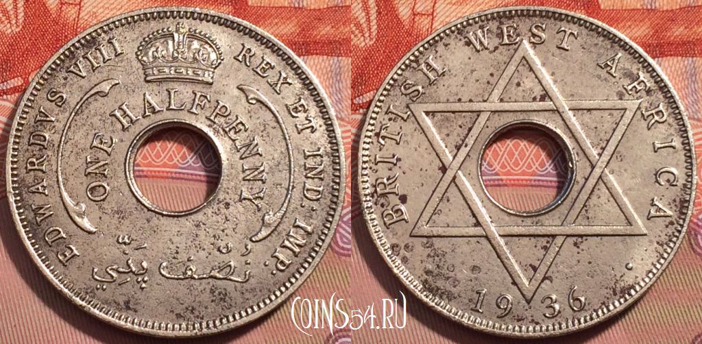 Монета Британская Западная Африка 1/2 пенни 1936 года, KM# 15, 244-048