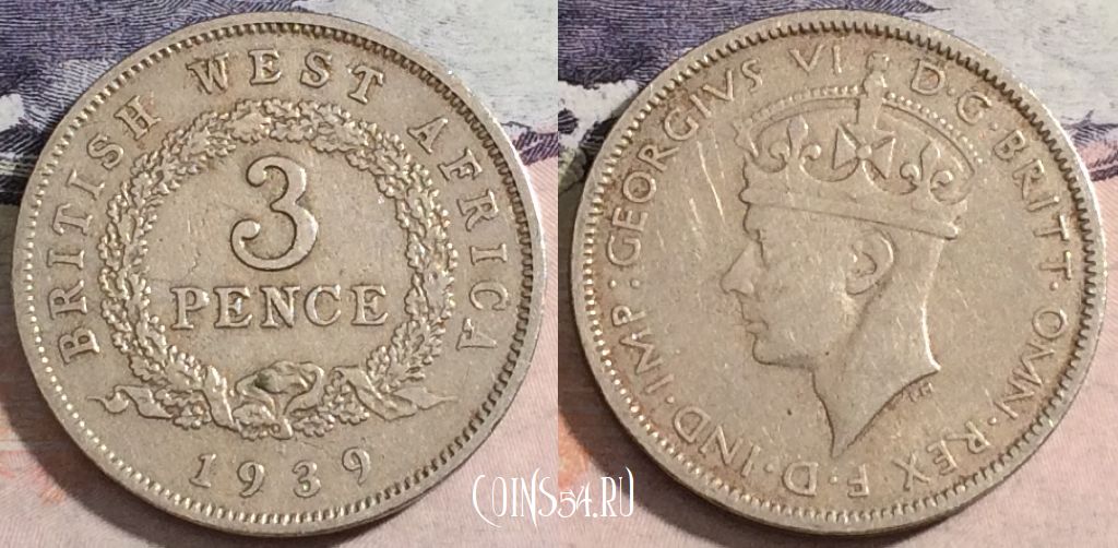 Монета Британская Западная Африка 3 пенса 1939 года, KM# 21, 172-114