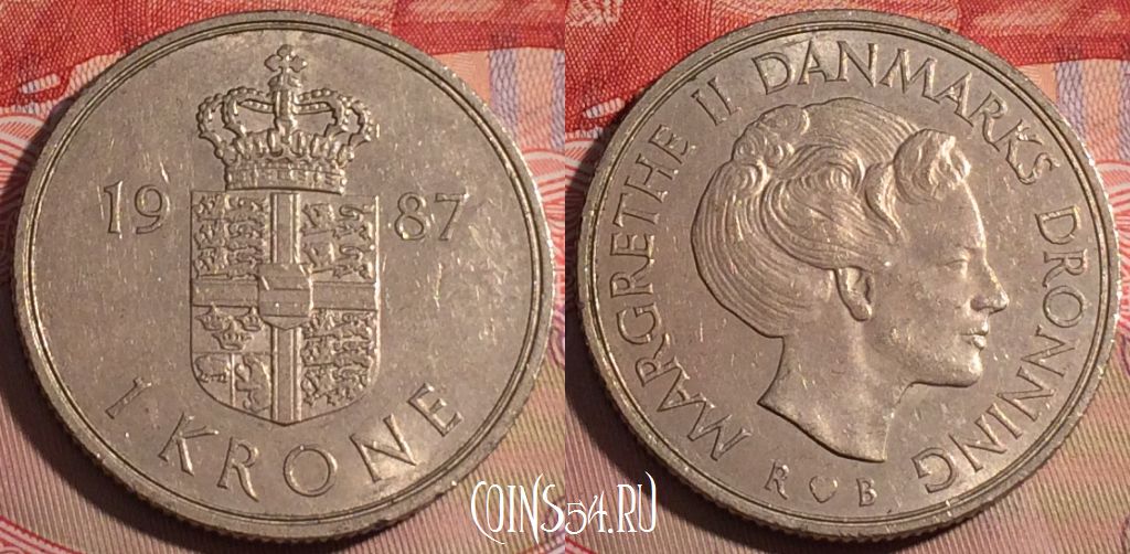 Монета Дания 1 крона 1987 года, KM# 862, 204a-143