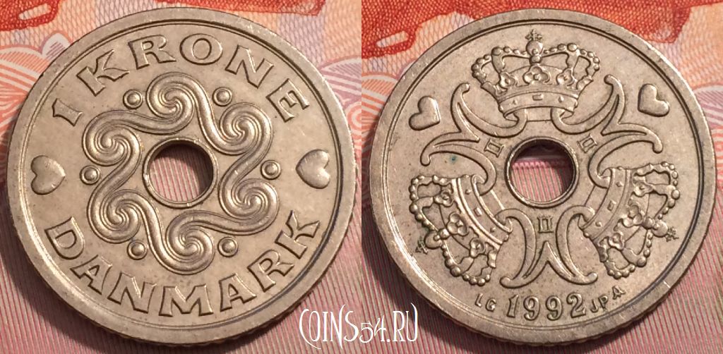Монета Дания 1 крона 1992 года, KM# 873, 251-007