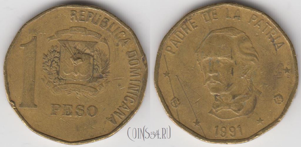 Монета Доминикана 1 песо 1991 года, KM 80.1, 134-101