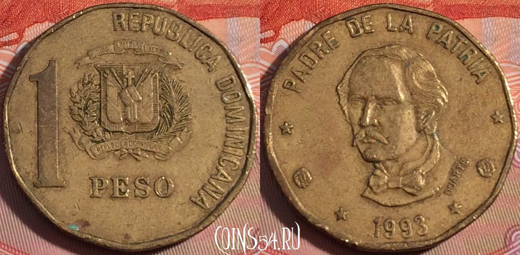 Монета Доминикана 1 песо 1993 года, KM# 80.2, 112b-106