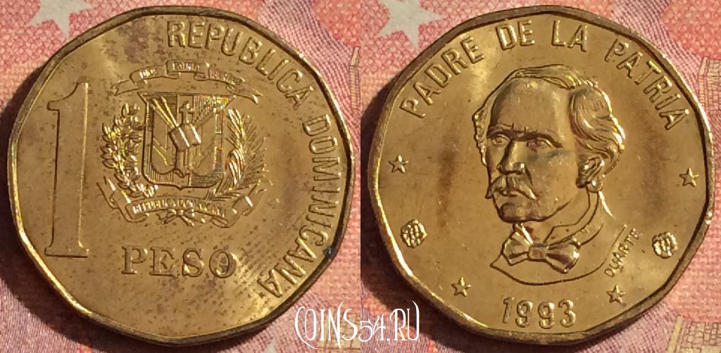 Монета Доминикана 1 песо 1993 года, KM# 80.2, 133i-095