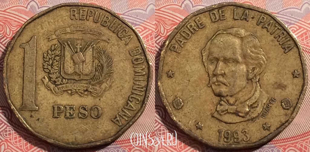 Монета Доминикана 1 песо 1993 года, KM# 80.2, a121-127