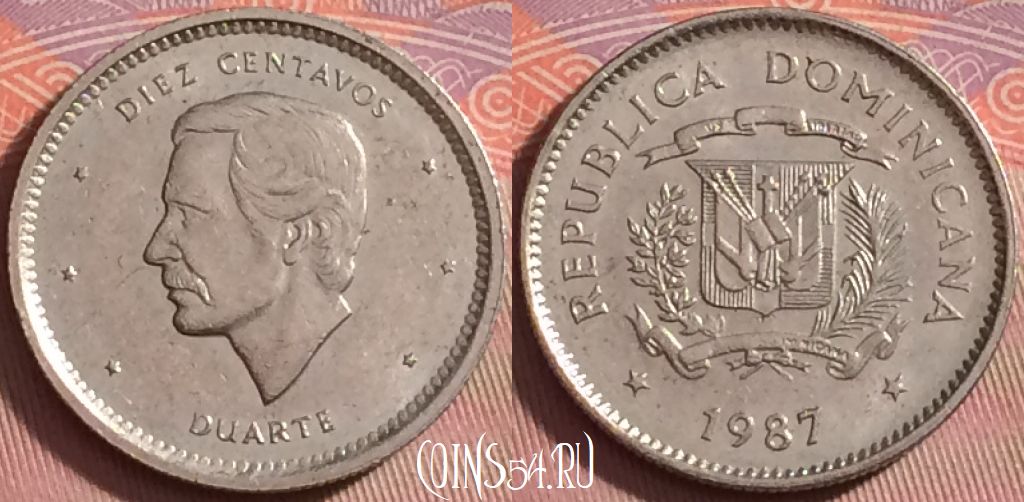 Монета Доминикана 10 сентаво 1987 года, KM# 60, 147j-033