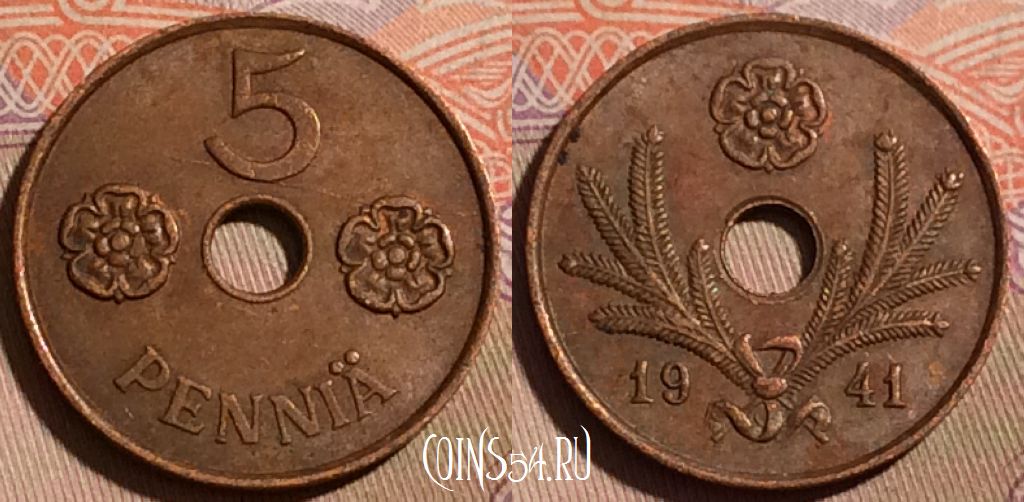 Монета Финляндия 5 пенни 1941 года, KM# 64, 197b-032