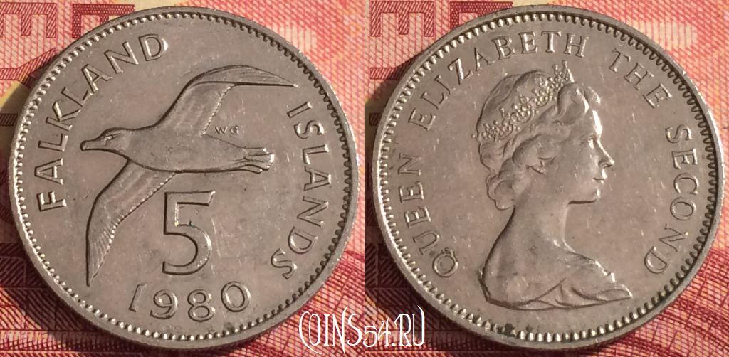 Монета Фолклендские острова 5 пенсов 1980 года, KM# 4.1, 302i-017