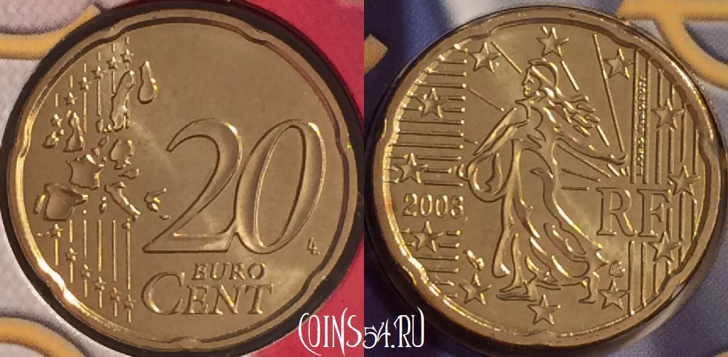 Монета Франция 20 евроцентов 2003 года, KM# 1286, BU, 401n-039