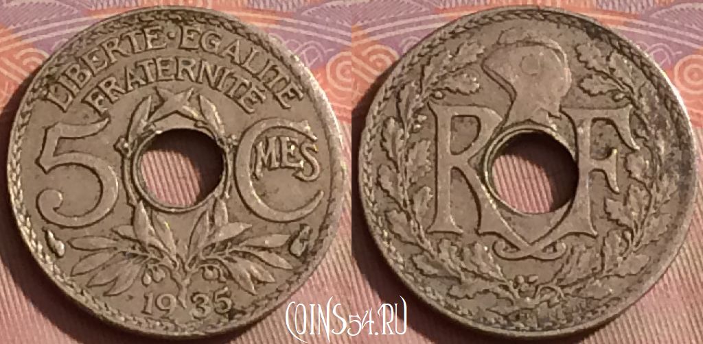 Монета Франция 5 сантимов 1935 года, KM# 875, 253k-005