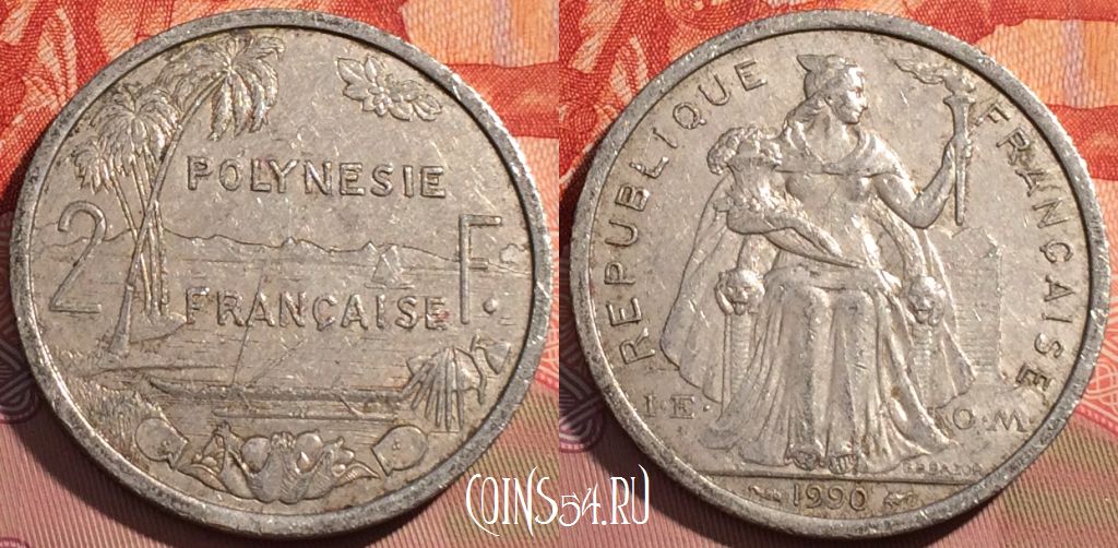 Монета Французская Полинезия 2 франка 1990 года, KM# 10, 077d-059