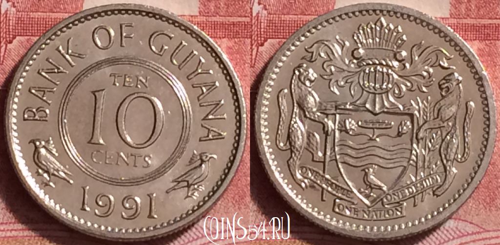 Монета Гайана 10 центов 1991 года, KM# 33, 253j-068